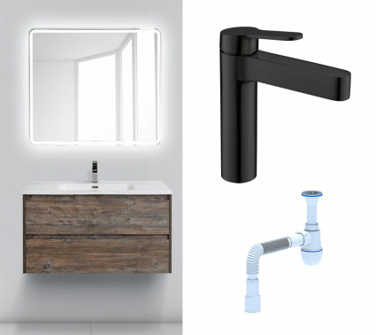 Комплект: Мебель для ванной BelBagno Kraft 100 pino pasadena + Смеситель BelBagno Delta DEL-LVM-NERO черный + Сифон АниПласт