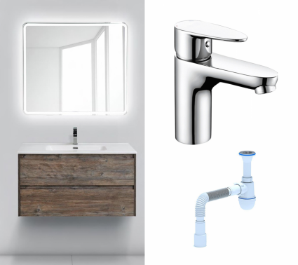 Комплект: Мебель для ванной BelBagno Kraft 100 pino pasadena + Смеситель Wasserkraft Leine 3503 хром + Сифон АниПласт