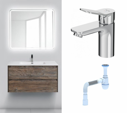 Комплект: Мебель для ванной BelBagno Kraft 100 pino pasadena + Смеситель Am.Pm X-Joy F85A02100 хром + Сифон АниПласт