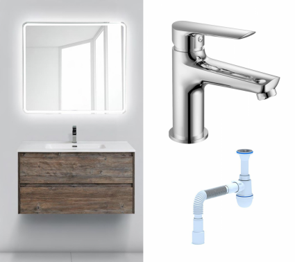 Комплект: Мебель для ванной BelBagno Kraft 100 pino pasadena + Смеситель Haiba HB10198 хром + Сифон АниПласт