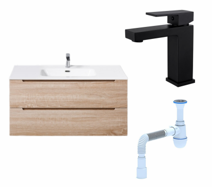 Комплект: Тумба с раковиной BelBagno Etna 100 rovere bianco + Смеситель Haiba HB10803-7 черный + Сифон АниПласт