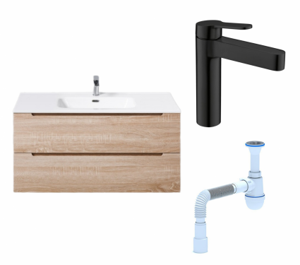Комплект: Тумба с раковиной BelBagno Etna 100 rovere bianco + Смеситель BelBagno Delta DEL-LVM-NERO черный + Сифон АниПласт