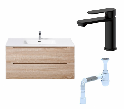 Комплект: Тумба с раковиной BelBagno Etna 100 rovere bianco + Смеситель для раковины Haiba HB10590-7 черный + Сифон АниПласт