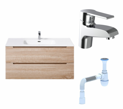 Комплект: Тумба с раковиной BelBagno Etna 100 rovere bianco + Смеситель Agger Right A2902100 хром + Сифон АниПласт