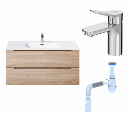 Комплект: Тумба с раковиной BelBagno Etna 100 rovere bianco + Смеситель Am.Pm X-Joy F85A02100 хром + Сифон АниПласт