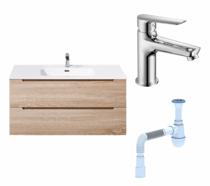 Комплект: Тумба с раковиной BelBagno Etna 100 rovere bianco + Смеситель Haiba HB10198 хром + Сифон АниПласт