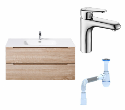 Комплект: Тумба с раковиной BelBagno Etna 100 rovere bianco + Смеситель Lemark Point LM0306C хром + Сифон АниПласт