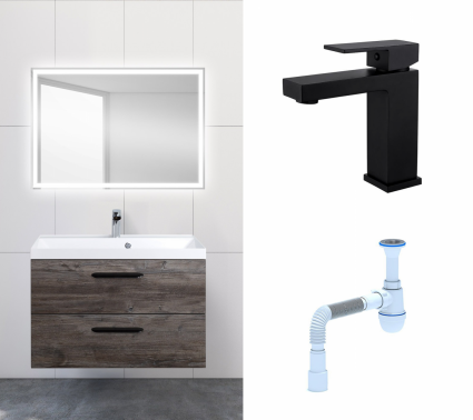 Комплект: Мебель для ванной BelBagno Aurora 80 pino pasadena + Смеситель Haiba HB10803-7 черный + Сифон АниПласт