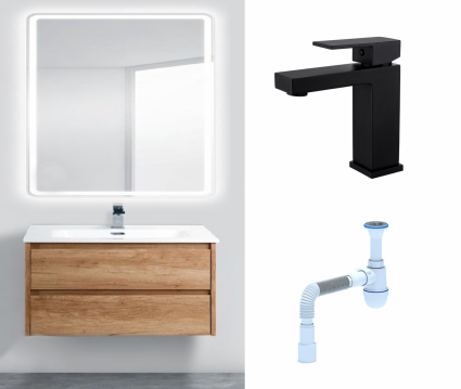 Комплект: Мебель для ванной BelBagno Kraft 80 rovere nebrasca nature + Смеситель Haiba HB10803-7 черный + Сифон АниПласт