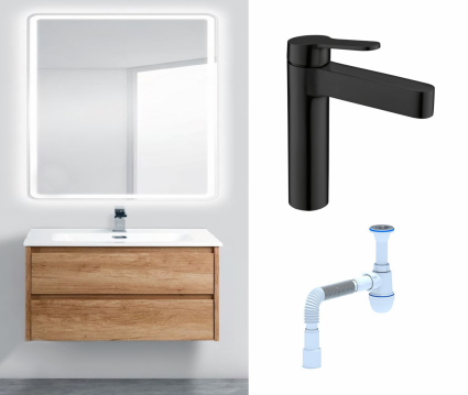 Комплект: Мебель для ванной BelBagno Kraft 80 rovere nebrasca nature + Смеситель BelBagno Delta DEL-LVM-NERO черный + Сифон АниПласт