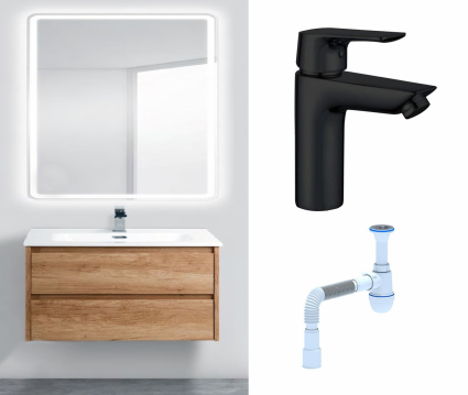 Комплект: Мебель для ванной BelBagno Kraft 80 rovere nebrasca nature + Смеситель Aquanet Static AF330-10B черный + Сифон АниПласт