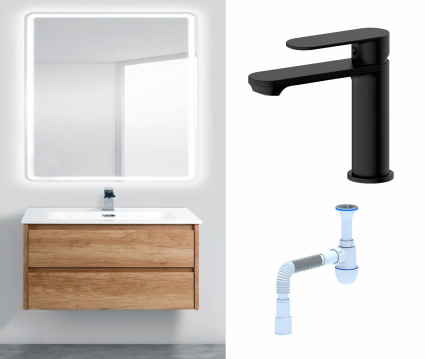 Комплект: Мебель для ванной BelBagno Kraft 80 rovere nebrasca nature + Смеситель Haiba HB10590-7 черный + Сифон АниПласт