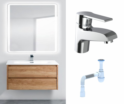 Комплект: Мебель для ванной BelBagno Kraft 80 rovere nebrasca nature + Смеситель Agger Right A2902100 хром + Сифон АниПласт