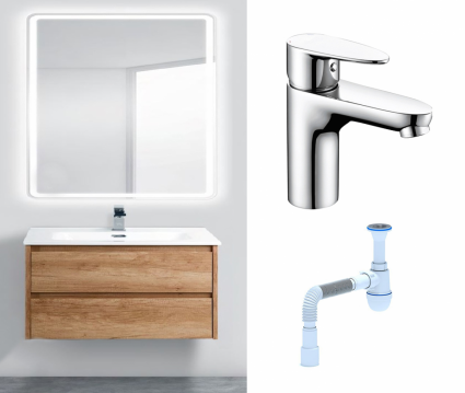 Комплект: Мебель для ванной BelBagno Kraft 80 rovere nebrasca nature + Смеситель Wasserkraft Leine 3503 хром + Сифон АниПласт