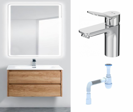 Комплект: Мебель для ванной BelBagno Kraft 80 rovere nebrasca nature + Смеситель Am.Pm X-Joy F85A02100 хром + Сифон АниПласт