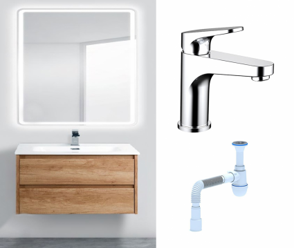 Комплект: Мебель для ванной BelBagno Kraft 80 rovere nebrasca nature + Смеситель Bravat Eler F1191238CP-RUS хром + Сифон АниПласт