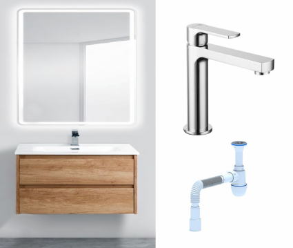 Комплект: Мебель для ванной BelBagno Kraft 80 rovere nebrasca nature + Смеситель Lemark plus Grace LM1537C хром + Сифон АниПласт