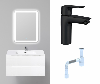 Комплект: Мебель для ванной BelBagno Etna 90 bianco lucido + Смеситель Aquanet Static AF330-10B черный + Сифон АниПласт