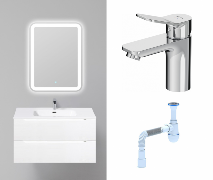 Комплект: Мебель для ванной BelBagno Etna 90 bianco lucido + Смеситель Am.Pm X-Joy F85A02100 хром + Сифон АниПласт