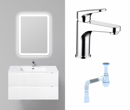 Комплект: Мебель для ванной BelBagno Etna 90 bianco lucido + Смеситель Bravat Eler F1191238CP-RUS хром + Сифон АниПласт
