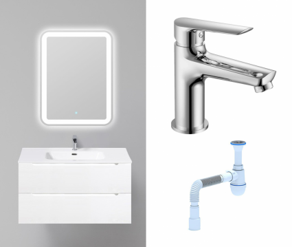 Комплект: Мебель для ванной BelBagno Etna 90 bianco lucido + Смеситель Haiba HB10198 хром + Сифон АниПласт