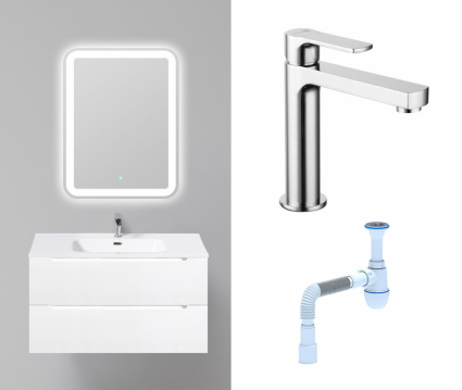 Комплект: Мебель для ванной BelBagno Etna 90 bianco lucido + Смеситель Lemark plus Grace LM1537C хром + Сифон АниПласт