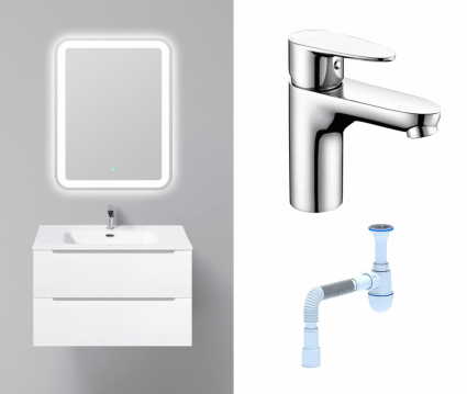 Комплект: Мебель для ванной BelBagno Etna 80 bianco lucido + Смеситель Wasserkraft Leine 3503 хром + Сифон АниПласт