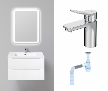 Комплект: Мебель для ванной BelBagno Etna 80 bianco lucido + Смеситель Am.Pm X-Joy F85A02100 хром + Сифон АниПласт