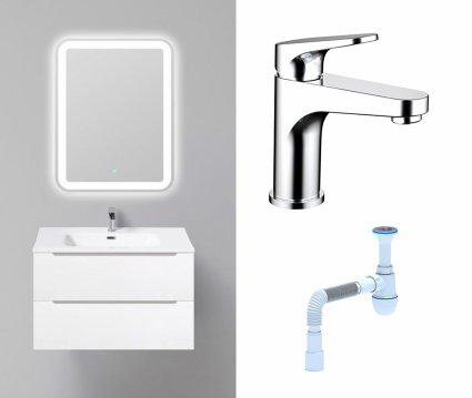 Комплект: Мебель для ванной BelBagno Etna 80 bianco lucido + Смеситель Bravat Eler F1191238CP-RUS хром + Сифон АниПласт