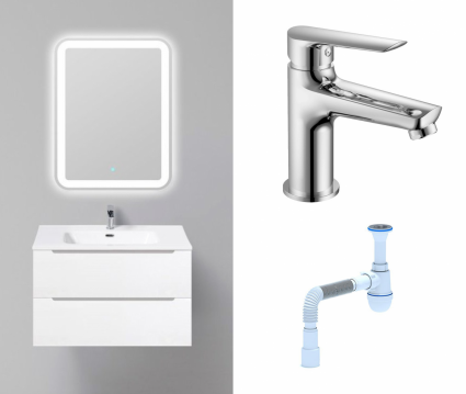 Комплект: Мебель для ванной BelBagno Etna 80 bianco lucido + Смеситель Haiba HB10198 черный + Сифон АниПласт