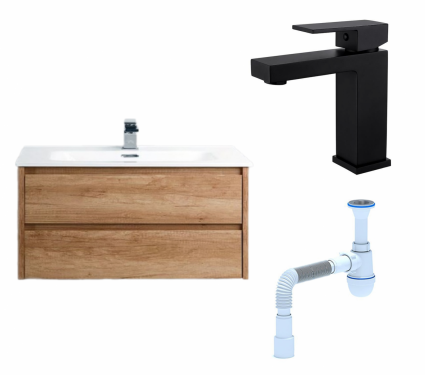 Комплект: Тумба с раковиной BelBagno Kraft 80 rovere nebrasca nature + Смеситель Haiba HB10803-7 черный + Сифон АниПласт