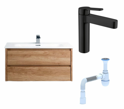 Комплект: Тумба с раковиной BelBagno Kraft 80 rovere nebrasca nature + Смеситель BelBagno Delta DEL-LVM-NERO черный + Сифон АниПласт