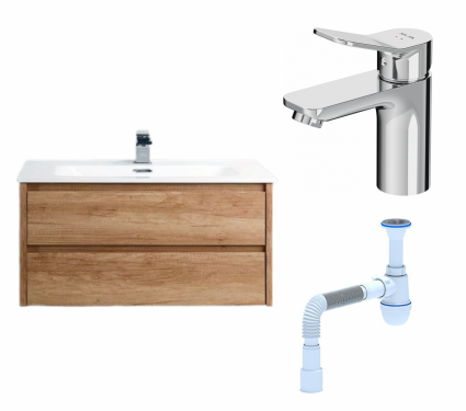 Комплект: Тумба с раковиной BelBagno Kraft 80 rovere nebrasca nature + Смеситель Am.Pm X-Joy F85A02100 хром + Сифон АниПласт