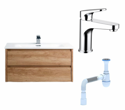 Комплект: Тумба с раковиной BelBagno Kraft 80 rovere nebrasca nature + Смеситель Bravat Eler F1191238CP-RUS хром + Сифон АниПласт