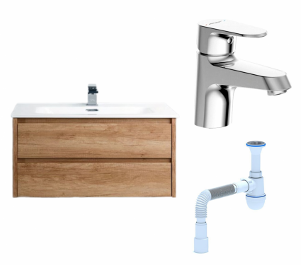 Комплект: Тумба с раковиной BelBagno Kraft 80 rovere nebrasca nature + Смеситель Bravat Alfa F1120178CP хром + Сифон АниПласт