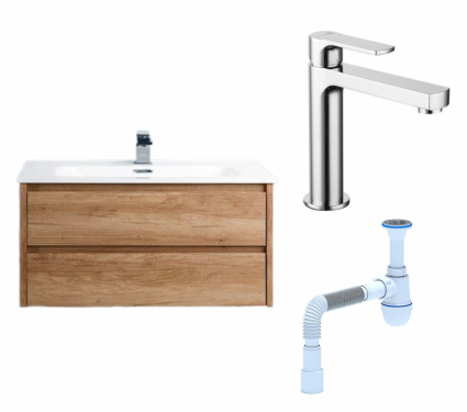 Комплект: Тумба с раковиной BelBagno Kraft 80 rovere nebrasca nature + Смеситель Lemark plus Grace LM1537C хром + Сифон АниПласт