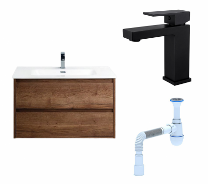 Комплект: Тумба с раковиной BelBagno Kraft 90 rovere tabacco + Смеситель Haiba HB10803-7 черный + Сифон АниПласт