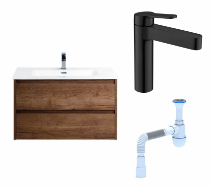 Комплект: Тумба с раковиной BelBagno Kraft 90 rovere tabacco + Смеситель BelBagno Delta DEL-LVM-NERO черный + Сифон АниПласт