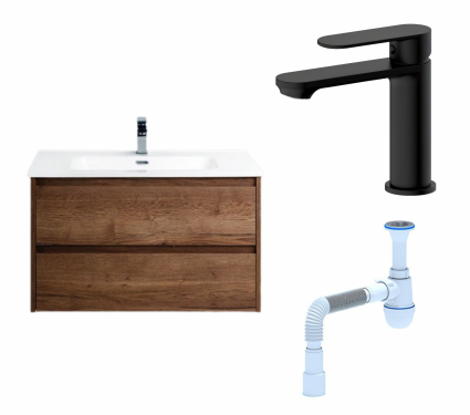 Комплект: Тумба с раковиной BelBagno Kraft 90 rovere tabacco + Смеситель Haiba HB10590-7 черный + Сифон АниПласт