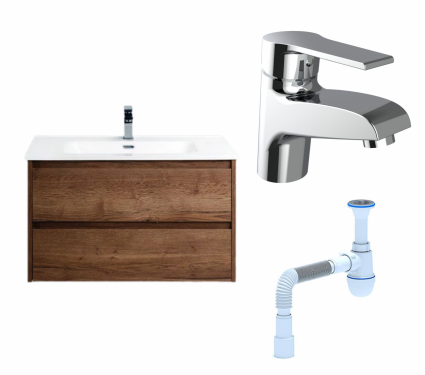 Комплект: Тумба с раковиной BelBagno Kraft 90 rovere tabacco + Смеситель Agger Right A2902100 хром + Сифон АниПласт