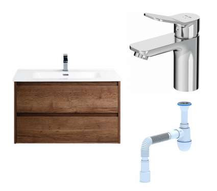 Комплект: Тумба с раковиной BelBagno Kraft 90 rovere tabacco + Смеситель Am.Pm X-Joy F85A02100 хром + Сифон АниПласт