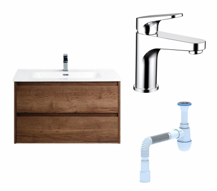 Комплект: Тумба с раковиной BelBagno Kraft 90 rovere tabacco + Смеситель Bravat Eler F1191238CP-RUS хром + Сифон АниПласт