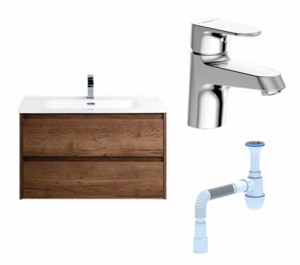 Комплект: Тумба с раковиной BelBagno Kraft 90 rovere tabacco + Смеситель Bravat Alfa F1120178CP хром + Сифон АниПласт
