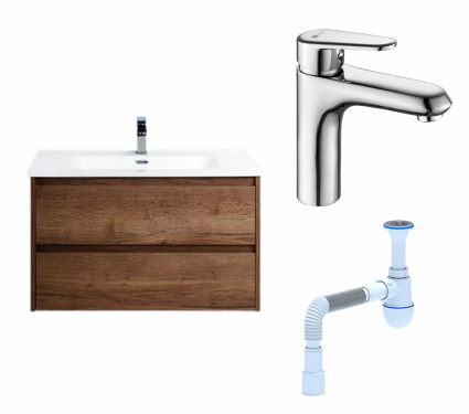 Комплект: Тумба с раковиной BelBagno Kraft 90 rovere tabacco + Смеситель Lemark Point LM0306C хром + Сифон АниПласт