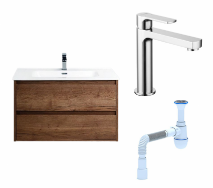 Комплект: Тумба с раковиной BelBagno Kraft 90 rovere tabacco + Смеситель Lemark plus Grace LM1537C хром + Сифон АниПласт