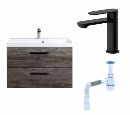 Комплект: Тумба с раковиной BelBagno Aurora 80 pino pasadena + Смеситель Haiba HB10590-7 черный + Сифон АниПласт
