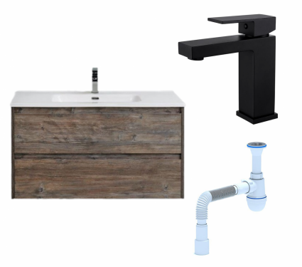 Комплект: Тумба с раковиной BelBagno Kraft 100 pino pasadena + Смеситель Haiba HB10803-7 черный + Сифон АниПласт
