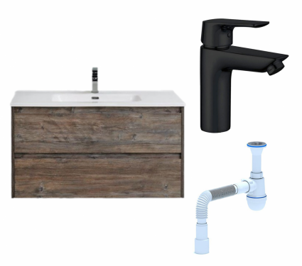 Комплект: Тумба с раковиной BelBagno Kraft 100 pino pasadena + Смеситель Aquanet Static AF330-10B черный + Сифон АниПласт