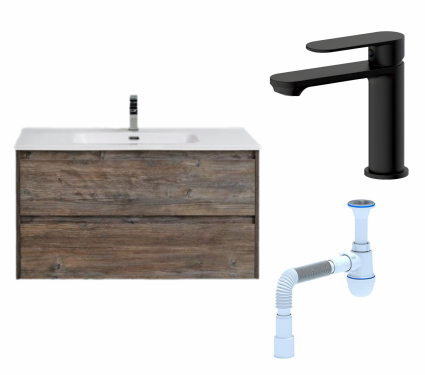 Комплект: Тумба с раковиной BelBagno Kraft 100 pino pasadena + Смеситель Haiba HB10590-7 черный + Сифон АниПласт