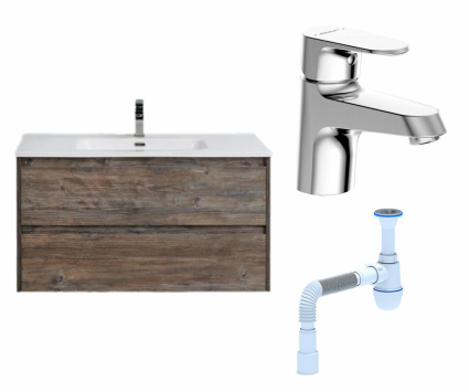 Комплект: Тумба с раковиной BelBagno Kraft 100 pino pasadena + Смеситель Bravat Alfa F1120178CP хром + Сифон АниПласт